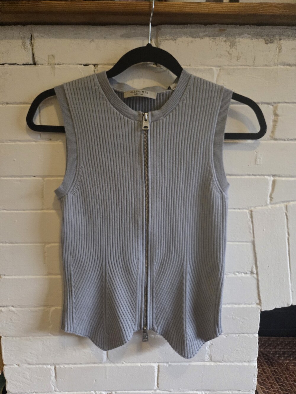 All Saints Light Blue Grey Ribbed Zip Sleeveless Top